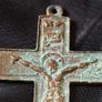 A Rare Victorian Bronze Crucifix Underneath Christs feet, there is an arched shape with a round object inside. This represents the Skull of Adam Image 8