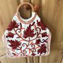 Embroidered cream orange floral Knitting craft bag with wicker handle Image 3