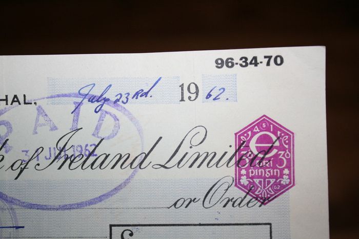 CHEQUES - 1962 - Provincial Bank of  Ireland Limited