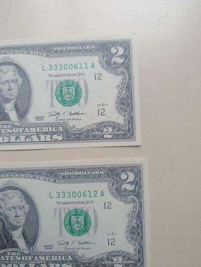 Lot 1.2 UNC 2 Dollar Banknotes in Sequence