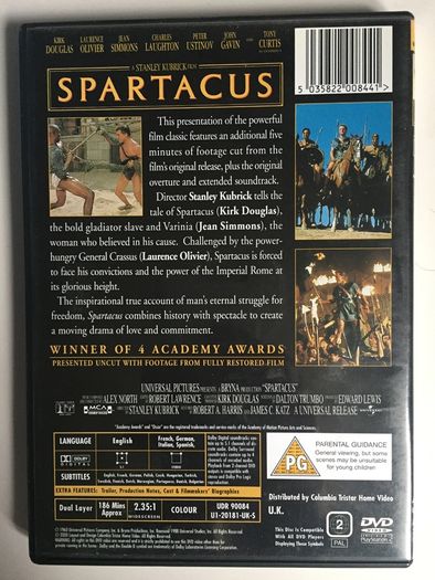 Spartacus (Stanley Kubrick Film) [1960] Kirk Douglas, Jean Simmons, Peter Ustinov, Charles Laughton, Laurence Olivier & Tony Curtis [Movie DVD] Academy Award Winner