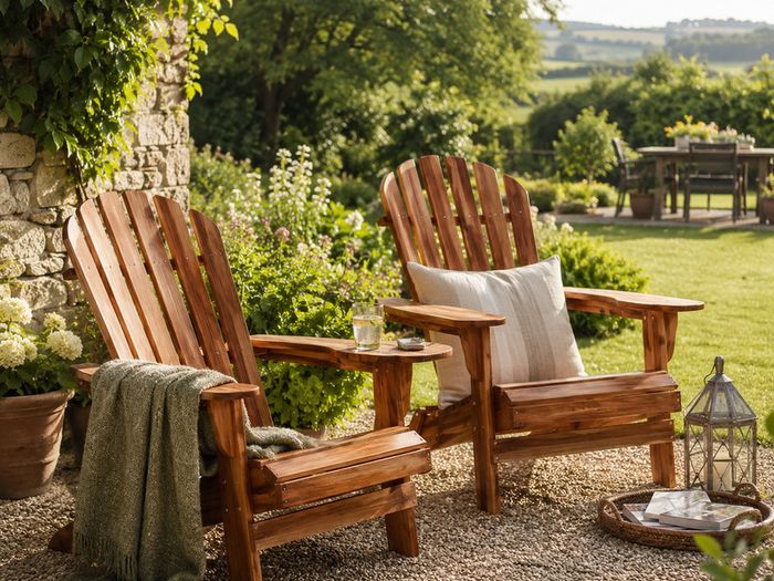 Set of 2 Folding Adirondack Chairs  Solid Acacia Wood Garden Chairs for Patio, Deck, Balcony & Terrace