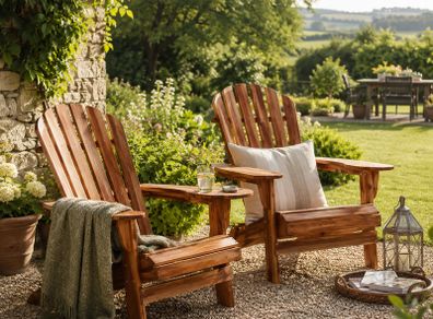 Set of 2 Folding Adirondack Chairs  Solid Acacia Wood Garden Chairs for Patio, Deck, Balcony & Terrace