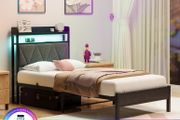Single Bed Frames with 3ft Upholstered Wooden Two-shelf Storage Headboard, Charging Station,LED Lights,