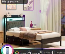Single Bed Frames with 3ft Upholstered Wooden Two-shelf Storage Headboard, Charging Station,LED Lights,