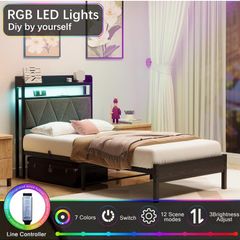Single Bed Frames with 3ft Upholstered Wooden Two-shelf Storage Headboard, Charging Station,LED Lights,