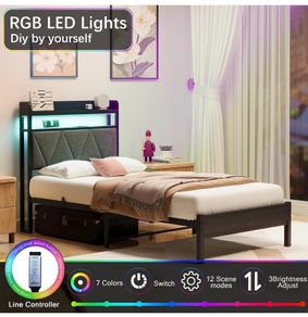 Single Bed Frames with 3ft Upholstered Wooden Two-shelf Storage Headboard, Charging Station,LED Lights,