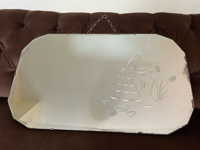 Large Early Mid Century Vintage Beveled Mirror with Reversed Carved Etched Image