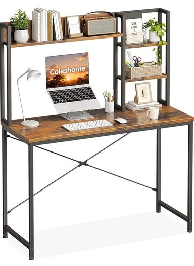 Small Desk 100 x 40 cm, Office Desk with Shelves, Vintage Brown Computer Desk with Multi-Tier Storage Bookshelf, Study Desk for Working, Writing, Makeup, Easy Assembly, for Small Spaces