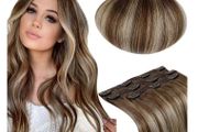 5 Piece hair extentions, LaaVoo 18inch Balayage Brown - blonde Real Human Hair Extensions, Clip in, Weave Remy Hair Extensions, 70g