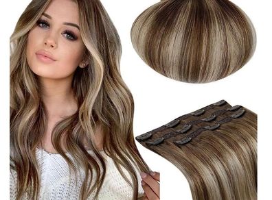 5 Piece hair extentions, LaaVoo 18inch Balayage Brown - blonde Real Human Hair Extensions, Clip in, Weave Remy Hair Extensions, 70g