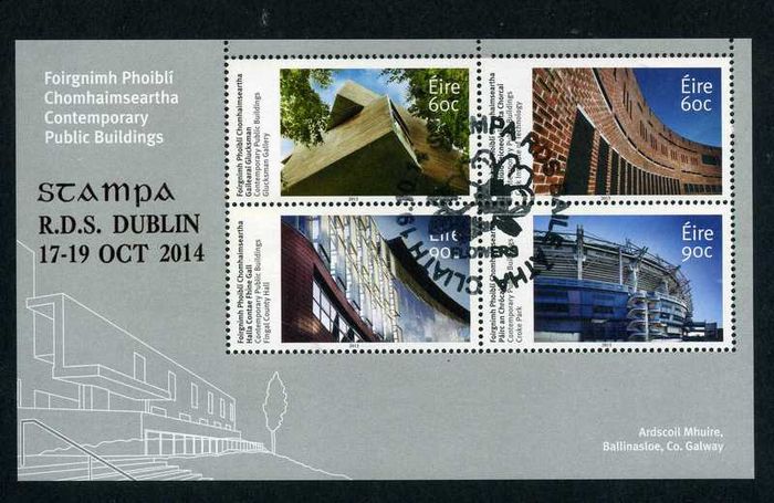 2014 Ireland Stampa Public Souvenir Contemporary Public Buildings Commemorative Stamps Miniature Sheet Overprinted for Stampa with show cancel of 18/10/14