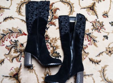 Ladies black boots high heel genuine suede UK3 with lace