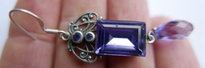 Vintage Sterling Silver 925 Dainty Violet Crystal and Silver Earrings 8,8g