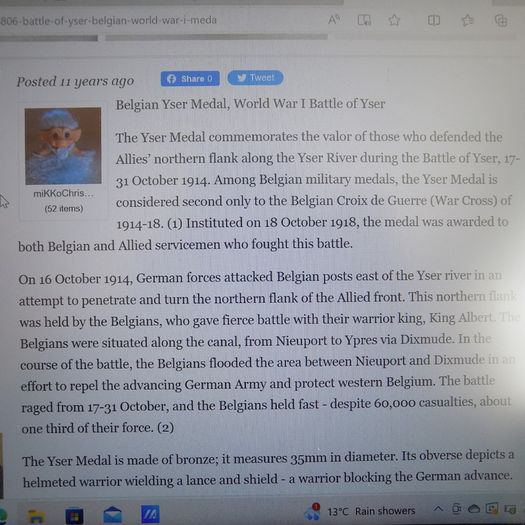 Belgium 1914.Battle of Ypre.Service Medal.