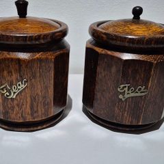Vintage 1930s Art Deco Oak Coopered Barrel Tea Caddies (Pair)