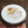 Vintage  England White Enamel Compact Flowers Makeup Mirror Image 4