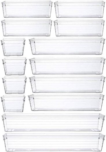 NEW SALE | 14 Pcs Kitchen Drawer Organiser Storage Trays for Makeup Bedroom Office, Desk Versatile, Plastic, Clear