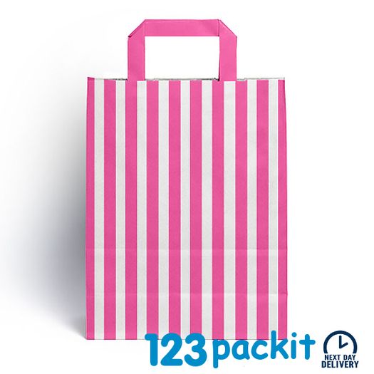 Lot of 20 pcs Shocking Pink stripe Candy bags with handles size 18 x 23 x 8 cm excellent for parties, b'day, wedding, candy cart , Sweet bags with handles