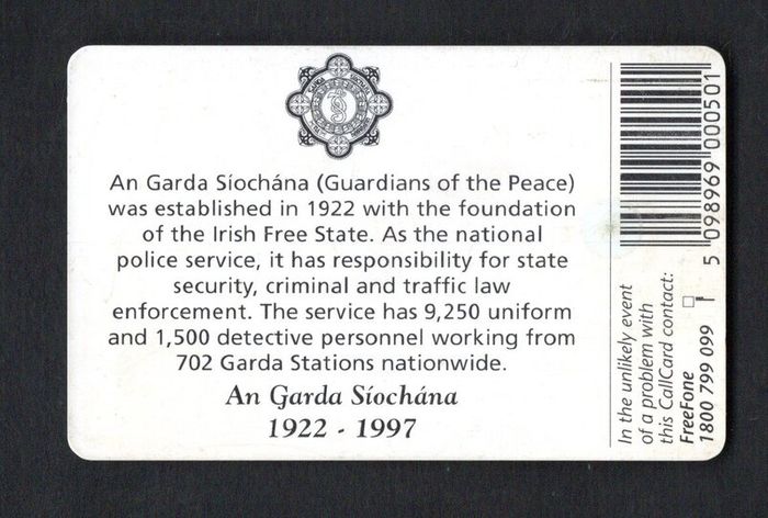 1996 Ireland 50 Unit An Garda Siochana (Gemplus GEM1) Call Card Used. Telecom Eireann card number 1192.