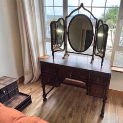 Antique oak desk and Edwardian triple mirror