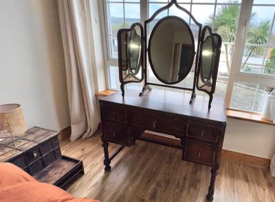 Antique oak desk and Edwardian triple mirror