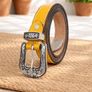 Unisex Premium Yellow Genuine Leather Belt Vintage Engraved Silver Buckle Image 3
