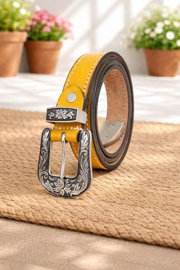 Unisex Premium Yellow Genuine Leather Belt Vintage Engraved Silver Buckle