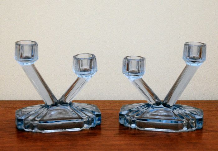 Pair of Art Deco Blue Glass Candlesticks