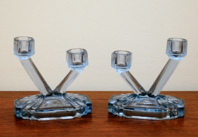 Pair of Art Deco Blue Glass Candlesticks