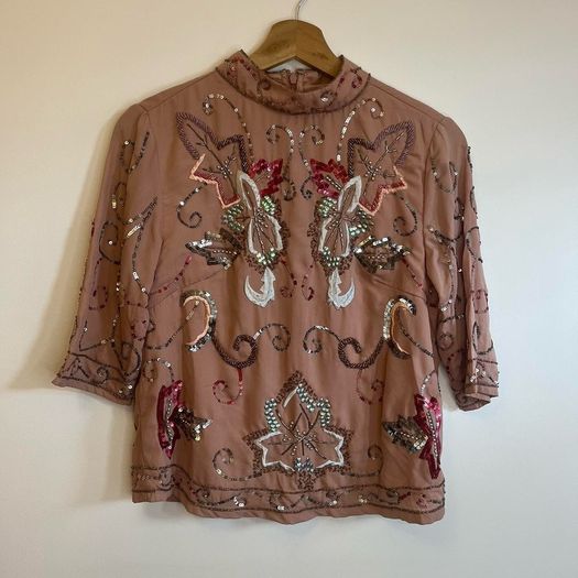 Folkster blush pink / cream sequin embellished and beaded high neck top