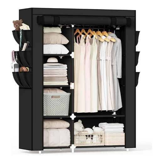 Fabric Wardrobe, 45 x 107 x 161 cm Portable Wardrobe, Foldable Closets with 6 Side Pockets, Black Closet for Bedroom,Living Room & Dorm