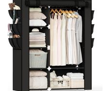 Fabric Wardrobe, 45 x 107 x 161 cm Portable Wardrobe, Foldable Closets with 6 Side Pockets, Black Closet for Bedroom,Living Room & Dorm