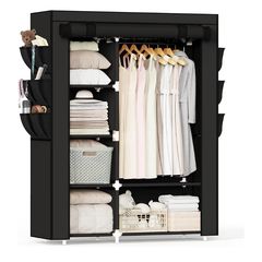 Fabric Wardrobe, 45 x 107 x 161 cm Portable Wardrobe, Foldable Closets with 6 Side Pockets, Black Closet for Bedroom,Living Room & Dorm