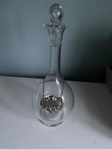 Reduced Hand blown vintage  glass decanter with  gin tag
