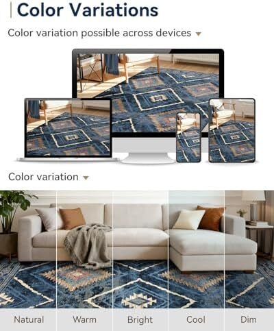 Machine Washable Large Rugs Living Room, 180x270 cm Non-Slip Area Rugs, Short Pile Blue Rug for Bedroom, Hallway, Bedroom, and Kitchen, Office, Blue