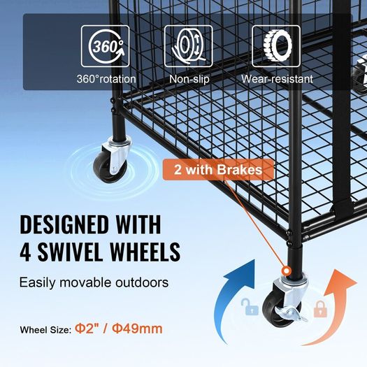 XL Rolling Sports Ball Storage Cart, Lockable Basketball Cage with Elastic Straps, Sport Equipment Holder Organizer for Indoor Outdoor, Steel Storage Rack for Garages, Playgroup, Gym and Schools
