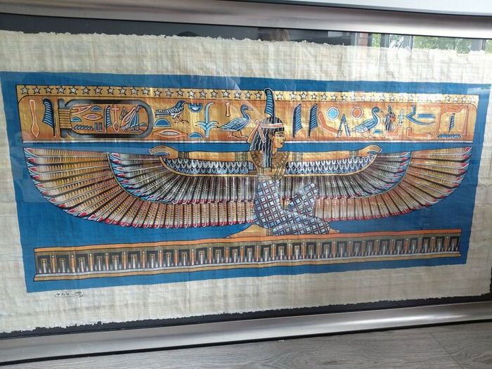 Large Hand painted Egyptian Papyrus Ma at (Framed)