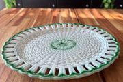 Rare Georgian English Pearlware Reticulated Basket Stand c.1800 to 1830 with Green Rope &amp; Diamond