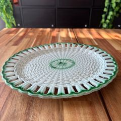 Rare Georgian English Pearlware Reticulated Basket Stand c.1800 to 1830 with Green Rope & Diamond