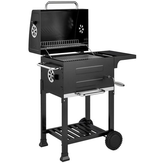 Portable Charcoal Grill with Stainless Steel Grates Side Shelf Thermometer Ash Pan and Wheels Black