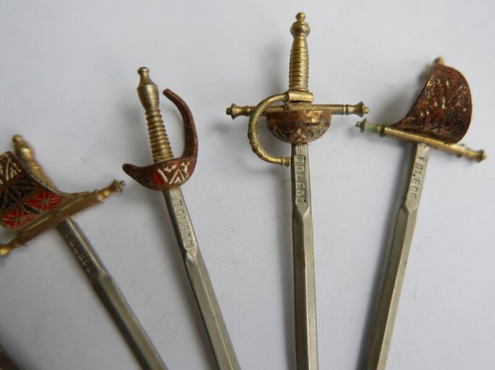 Vintage Set of 6 Enameled Cocktail Sticks Swords By Toledo of Spain 1960s