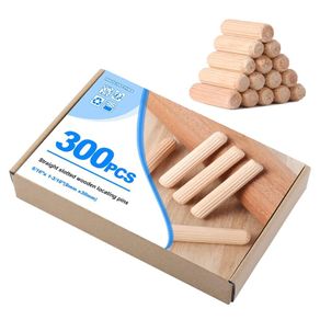 300 Pieces Wooden Dowel Pins 8x30mm, Straight Grooved Wooden Dowels Set with Bevelled End, Fluted Eucalyptus Hardwood Dowels, Wood Plugs for Furniture, Woodworking, and Crafting