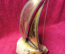 Vintage 1970's Sculpture Brass /  Metal Sailboat On Onyx Stone Base -Signed DeMott