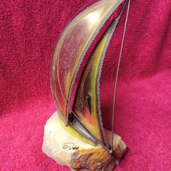 Vintage 1970's Sculpture Brass /  Metal Sailboat On Onyx Stone Base -Signed DeMott