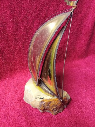 Vintage 1970's Sculpture Brass /  Metal Sailboat On Onyx Stone Base -Signed DeMott