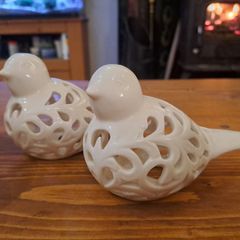 White Ceramic Bird Ornaments Pair
