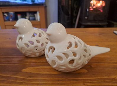 White Ceramic Bird Ornaments Pair