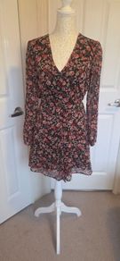 Primark Floral Wrap Mini Dress UK10 Boho Sheer Sleeve Tea Dress Black
