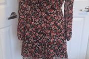 Primark Floral Wrap Mini Dress UK10 Boho Sheer Sleeve Tea Dress Black